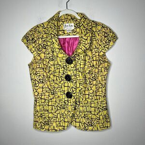 An Ren New York Blazer Womens 14 Yellow Abstract Print Cap Sleeve Retro‎ Bold
